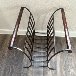 Antique Wrought Iron Magazine Rack Record Album Paw Foot Leather Handle Heavy